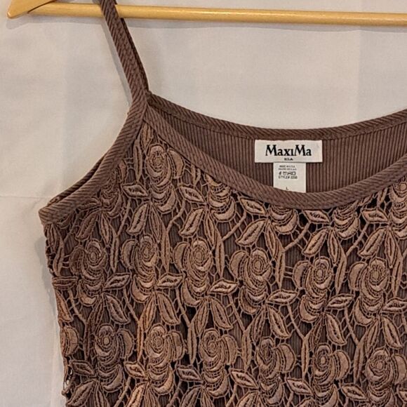 MaxiMa Y2K 90's Taupe Floral Eyelet Ribbed Spaghetti Top Size Large - Picture 4 of 13